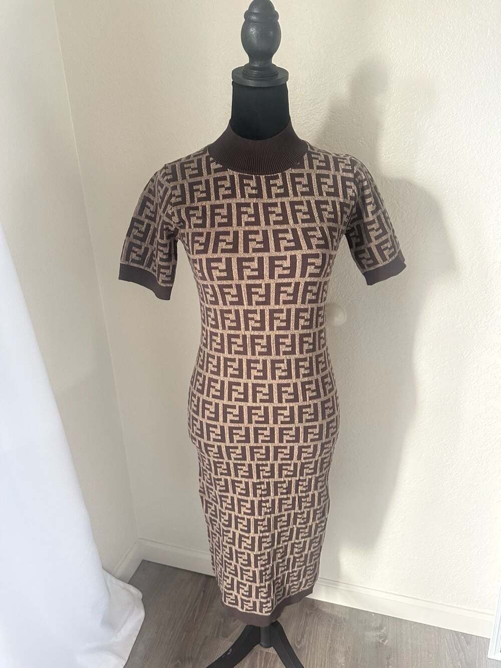 Fendi FF Monogram Knit Mock Neck Short Sleeve Midi Dress - Picture 2 of 10